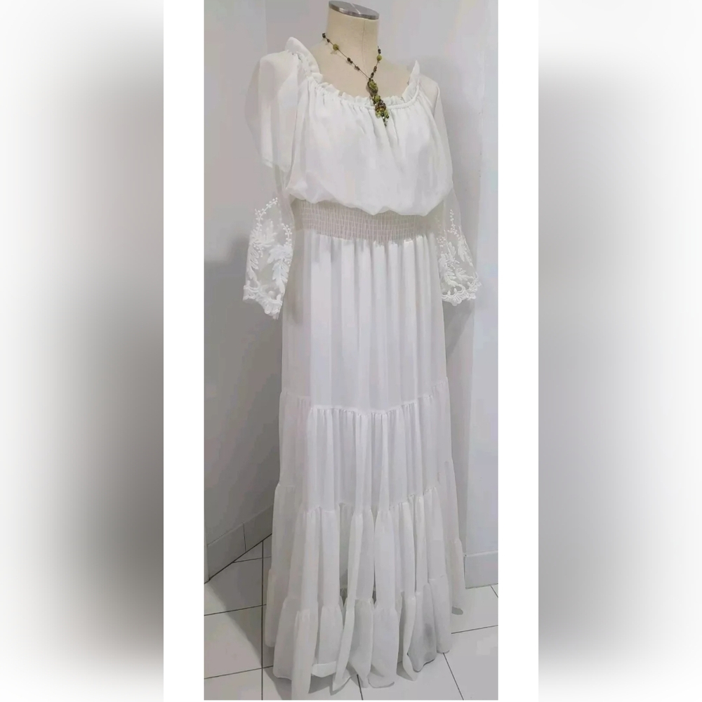 White Maxi Tiered Boho Wedding Festival Embroidered sleeve Dress US Medium - Picture 3 of 5